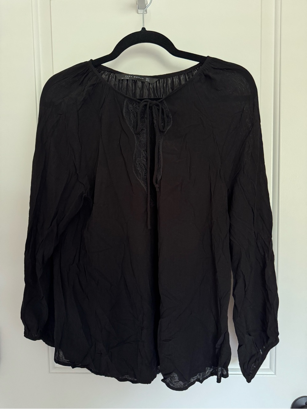 ZARA Black Lace Keyhole Tie Boho Peasant Blouse M